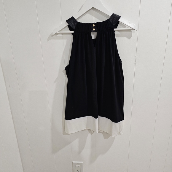 Calvin Klein Colorblock Halter Top Black & White Faux Leather Trim Sz. L - Picture 8 of 11